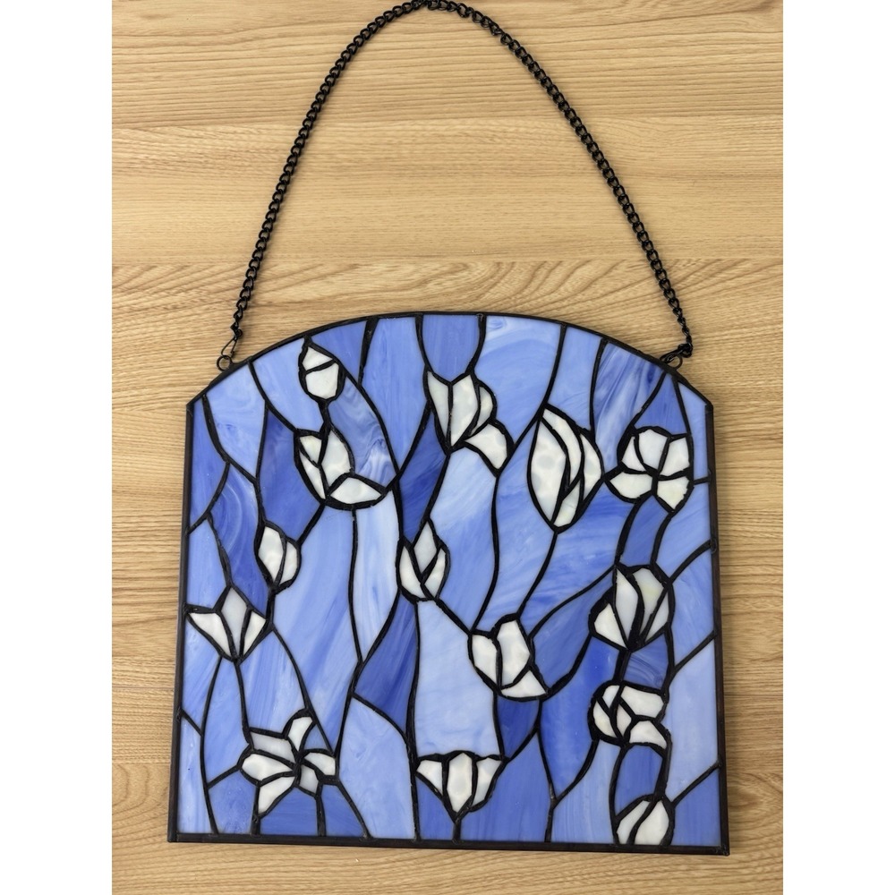 Blue White Floral Stained Glass Window Panel Suncatcher Hanging 12x12 Arched